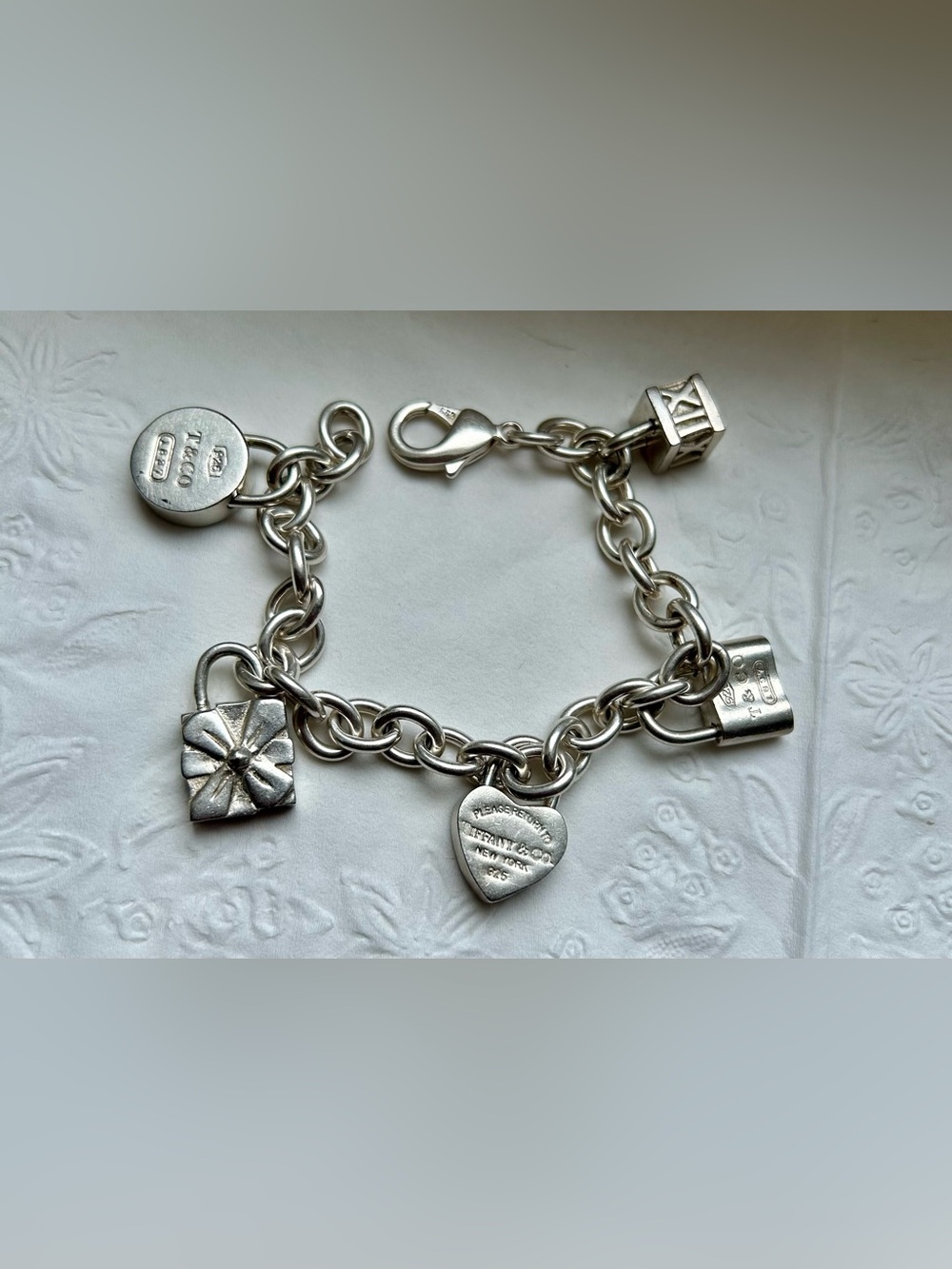 925 Tiffany & Co. Heart Padlock Charm Bracelet - Silver